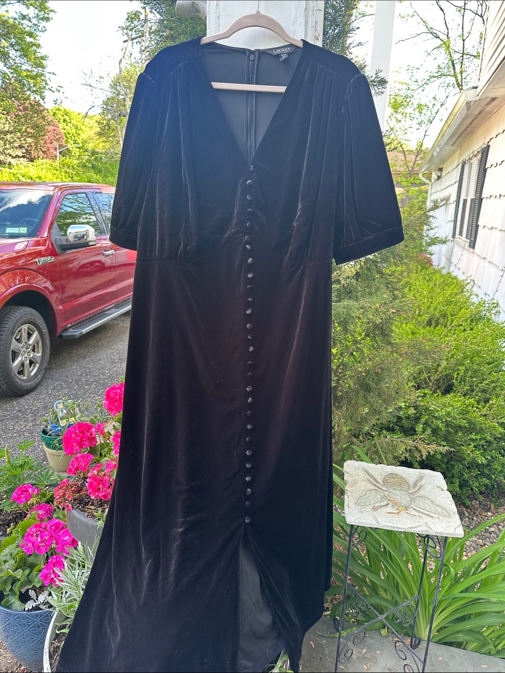 Ralph Lauren Black Velvet Midi Dress with Covered Buttons VNeck 3/4 sleeves